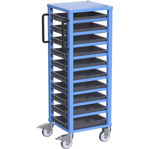 Eurokraft pro transportni voziček za evro zaboje customline, za zaboje dx&amp;scaron; 400 x 300 mm, modre barve, 10 zabojev, vi&amp;scaron;ina 50 mm Slike