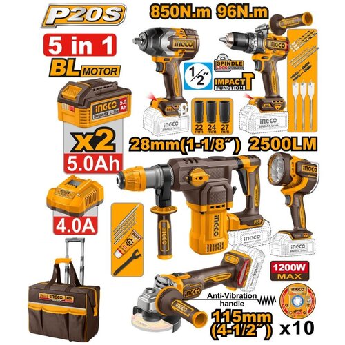 Ingco Akumulatorski set alata COSLI251193E 5/1 20V 2&times;5/0Ah SUPER Cene