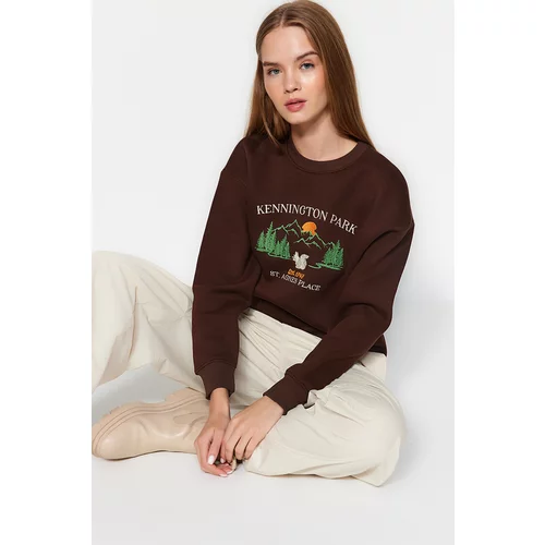 Trendyol Brown Thick Fleece Inside With Embroidery, Regular/Normal Knitted Sweatshirt