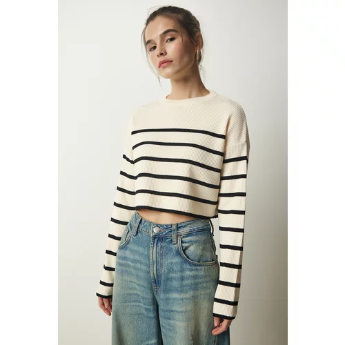 Happiness İstanbul Women's Cream Ribbed Striped Crop Knitwear Sweater
