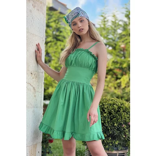 Trend Alaçatı Stili Women's Green Adjustable Strap Frill Detailed Poplin Woven Dress