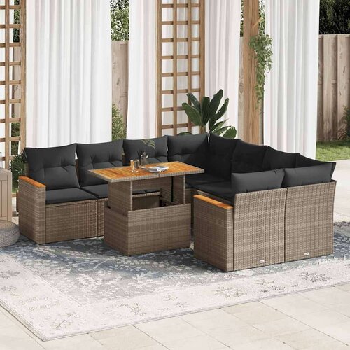 vidaXL 9-dijelni set vrtnih sofa poliratan i bagrem s jastucima sivi Cene