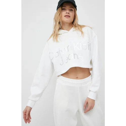 Calvin Klein Jeans Dukserica za žene, boja: bijela, s kapuljačom, s aplikacijom