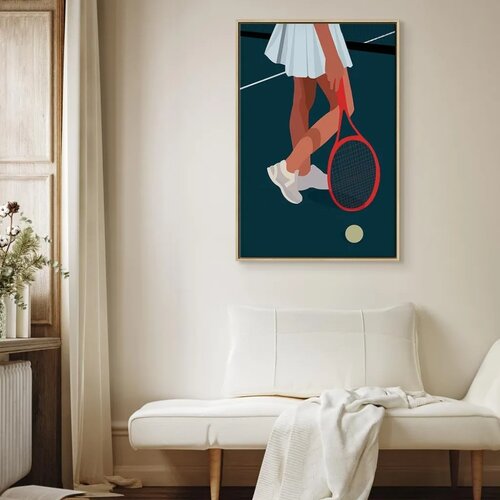  Slika - Female Tennis Player With a Red Racket on the Court - Graphics 80x120 U prirodnom drvenom okviru Slike