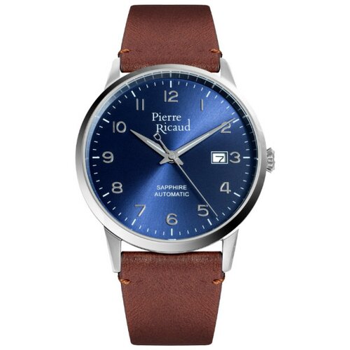 Pierre Ricaud muški automatic index arabic plavi srebrni elegantni ručni sat sa braon kožnim kaišem Slike