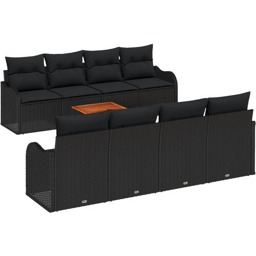 VidaXL 9-dijelni set vrtnog namje&amp;scaron;taja s jastučićima crni poliratan akacija, 2-sjedna vrtna sofa s jastučićima crni poliratan Slike