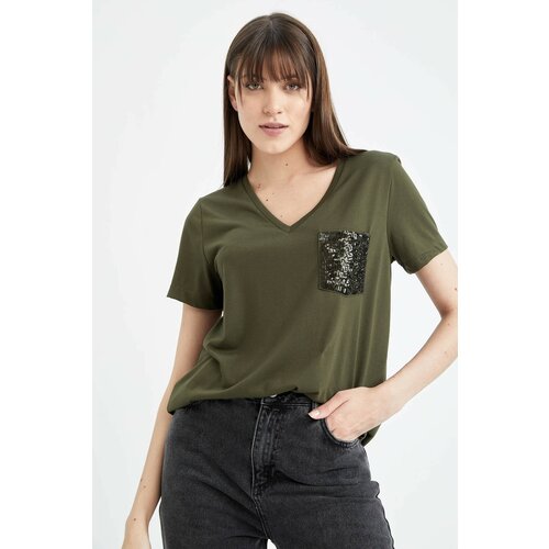 Defacto Regular Fit V Neck Sequin Detailed Short Sleeve T-Shirt Slike