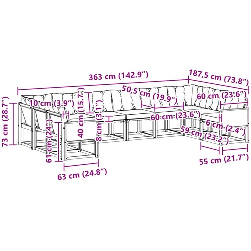 Set vanjskih sofa 10 kom. Prirodna i svjetlosiva Smeđa 363 x 187,5 x 73 cm Slike