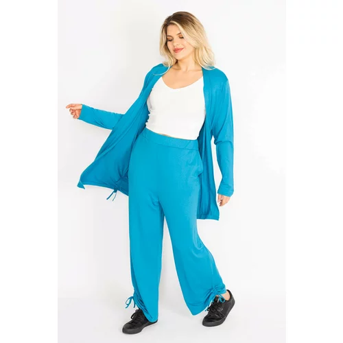 Şans Women's Plus Size Blue Side Lace Detail Cardigan Trousers Suit