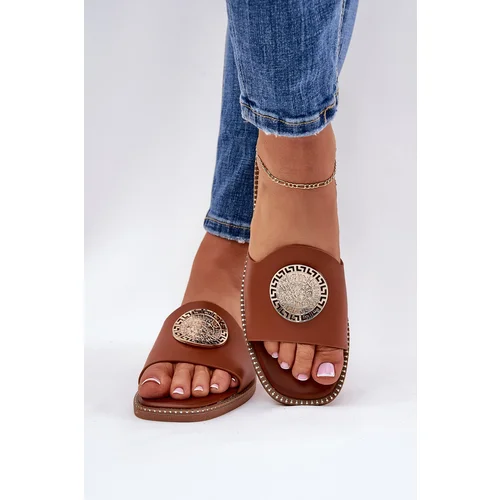 Boto Eco Leather Slippers On Flat Heel With Decoration Camel Tatereia