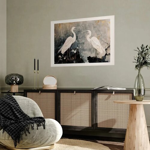  Plakat - Herons and Cherry Blossom - oriental-style illustration depicting birds 60x40 Bez okvira s margom Slike