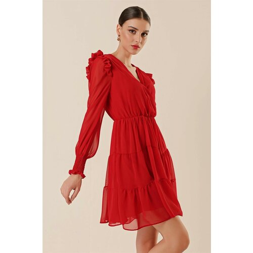 By Saygı Double Breasted Collar Lined Chiffon Dress with Ruffled Sleeves Cene