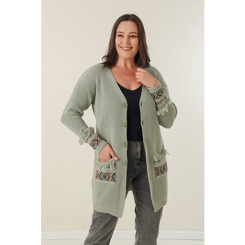By Saygı Button-up Front, Tassels Patterned Plus Size Cardigan with Pockets And At The Ends Of The Sleeves. Slike