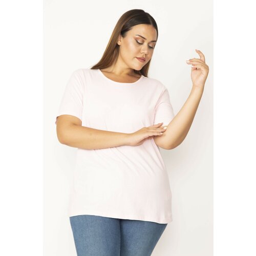 Şans Women's Plus Size Pink Cotton Fabric Crew Neck Short Sleeve Blouse Slike