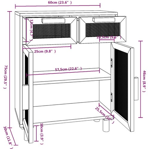  Komoda smeđa 60x30x75 cm masivna borovina i prirodni ratan Slike