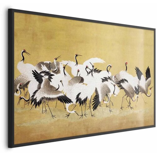  Plakat Japanese Cranes - a flock of birds against a golden background based on the painting of Ishida Yūtei 90x60 Crni okvir Cijene