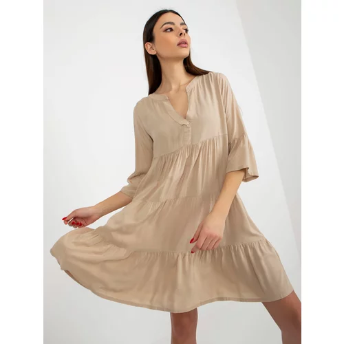 Fashion Hunters Beige loose dress with frills and 3/4 sleeves SUBLEVEL