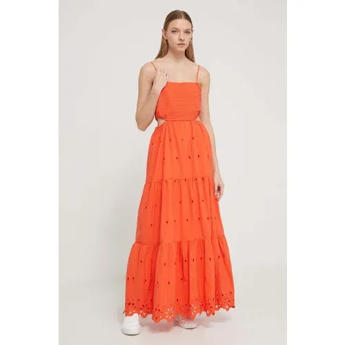 Desigual Pamučna haljina boja: narančasta, maxi, širi se prema dolje