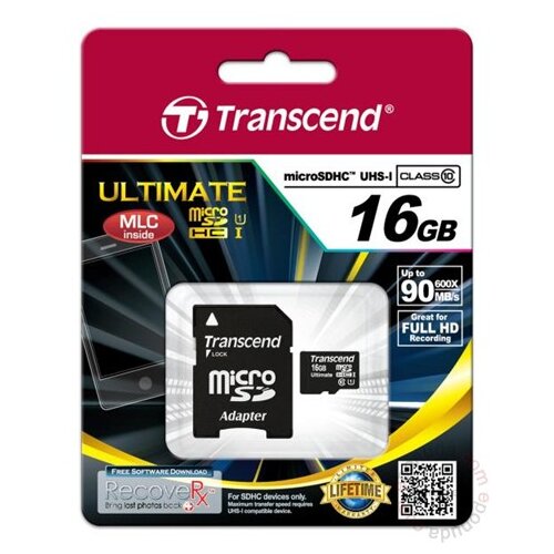 Transcend microSDHC MLC 16GB Class 10 UHS-I 600x + SD-Adapter Slike