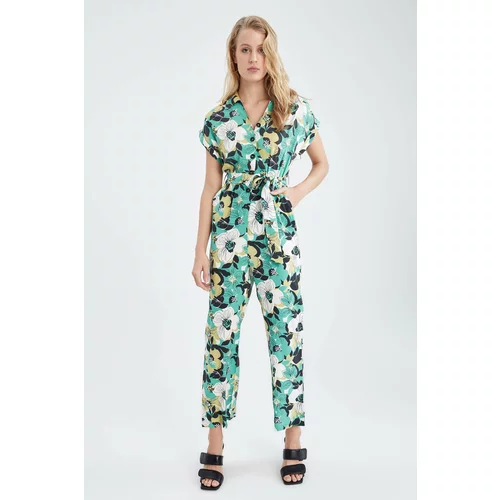 Defacto Short Sleeve Floral Print Belted Midi Dungarees