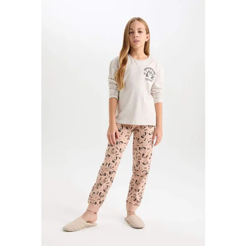 Defacto Girl Printed Long Sleeve Top Patterned Elastic Waist Long Bottom Pajama Set