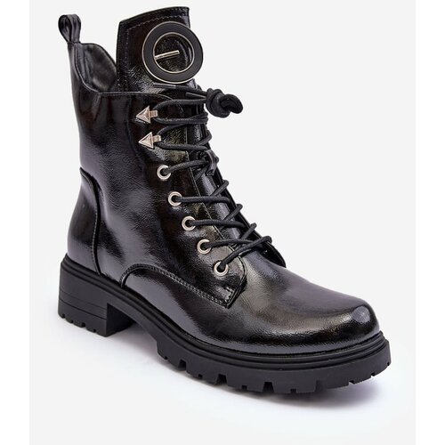 Kesi Patent Worker Ankle Boots with Black Hot Decoration Slike