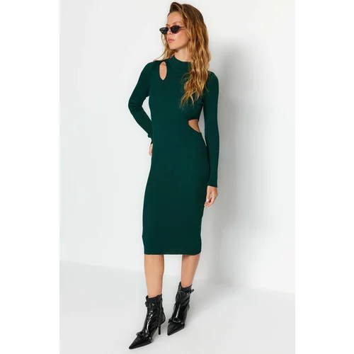 Trendyol Emerald Green Midi Knitwear Fitted Window/Cut Out Stand-Up Collar Dress