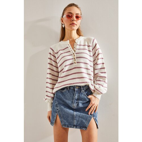 Bianco Lucci Women's Buttoned Collar Turtleneck Striped Knitwear Sweater Cene