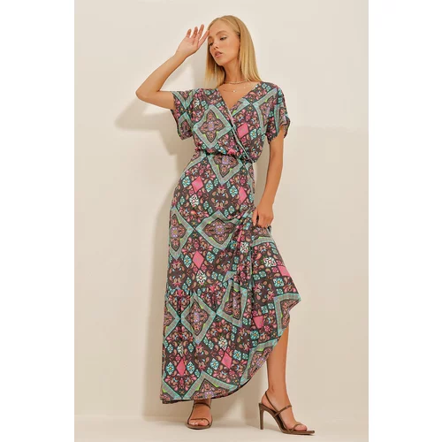 Trend Alaçatı Stili Women's Mix Patterned Floral Patterned Double Breasted Maxi Length Dress