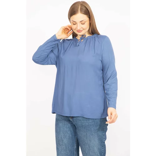 Şans Women's Indigo Plus Size Collar Detailed Blouse