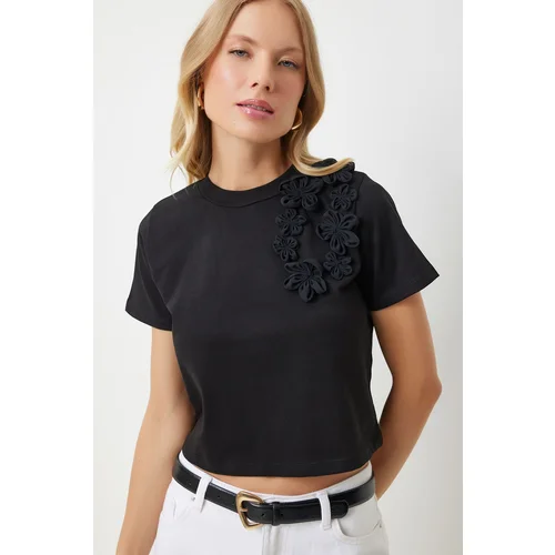  Women's Black Floral Detailed Knitted T-Shirt