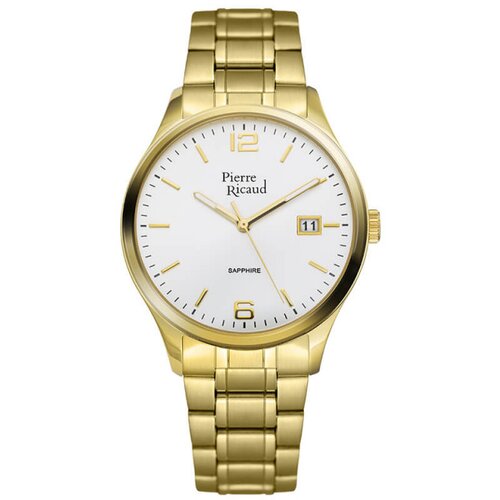 Pierre Ricaud muški safir datum beli zlatni quartz elegantni ručni sat sa zlatnim metalnim kaišem Cene