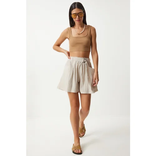  Women's Cream Belted City Length Woven Shorts