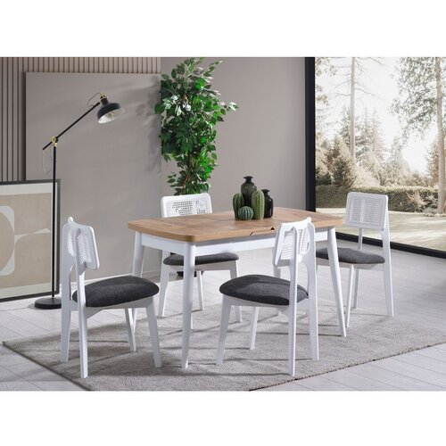 Hanah home milla - white, natural whitenatural extendable dining table & chairs set (4 pieces) Cene