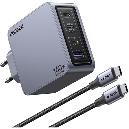 Ugreen Nexode Pro 160W 4-Portni GaN USB polnilec s priloženim 1,5M 240W USB-C polnilnim kablom