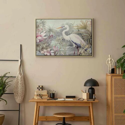  Slika - Heron wading in a pond - illustration in bright colours 90x60 U prirodnom drvenom okviru Slike