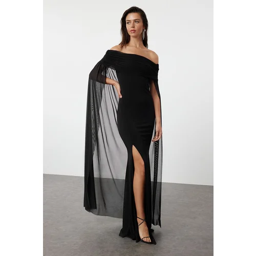 Trendyol Black Long Knitted Tulle Cape Detailed Evening Evening Dress