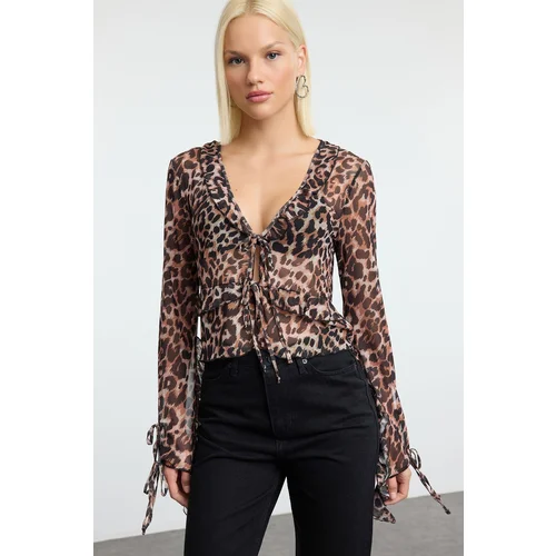 Trendyol Brown Animal Patterned Tie and Ruffle Detailed Regular/Normal Fit Knitted Blouse