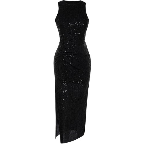 Trendyol Black Fitted Knitted Shiny Sequined Elegant Evening Dress Slike