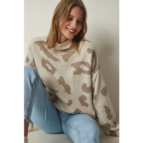  Women's Cream Patterned High Neck Thick Knitwear Sweater