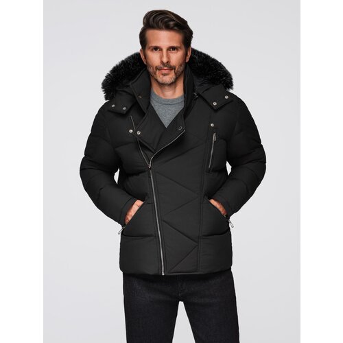 Ombre Men&amp;#039;s quilted jacket with cut of ramoneski with hood - black Slike