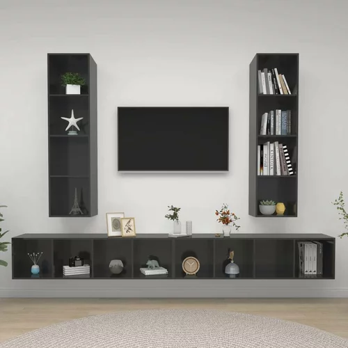  Stenska TV omarica 4 kosi visok sijaj sive barve iverna plošča, (20733535)