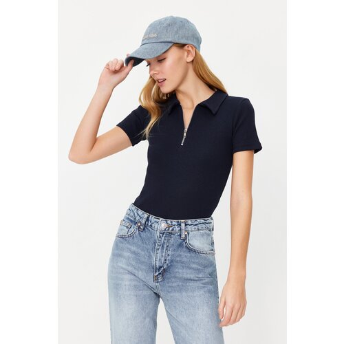Trendyol Navy Blue Zipper Detailed Fitted Polo Neck Ribbed Stretchy Knitted Blouse Slike