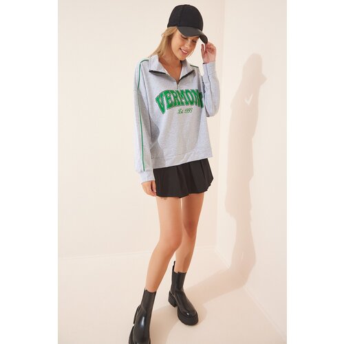  Women&amp;#039;s Gray Melange Zipper Collar Printed Seasonal Sweatshirt Slike