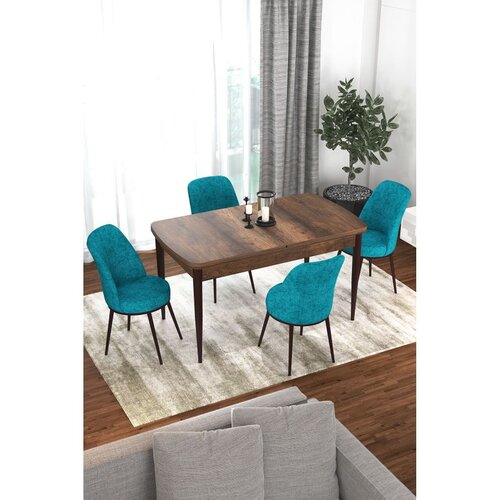 Hanah home trpezarijski set Via, sto na razvlačenje i 4 stolice, ploča u dekoru drveta Baroque, tirkizna tkanina Jerry Cene