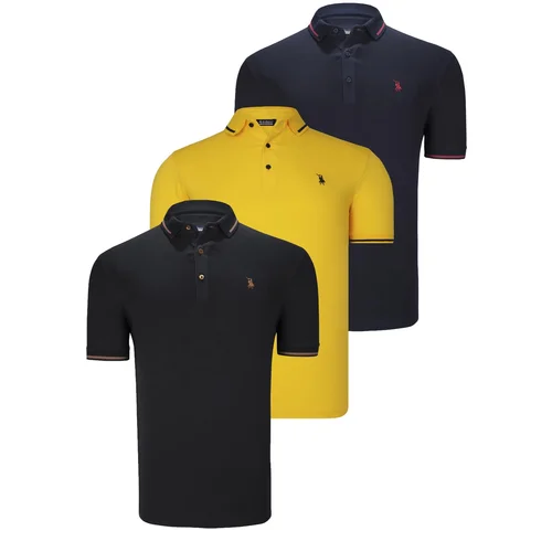 Dewberry TRIPLE SET T8586 MEN'S T-SHIRT-BLACK-NAVY-YELLOW