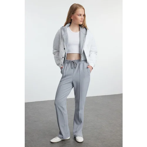 Trendyol Gray Ribbed Elastic Waist Straight Cut Trousers