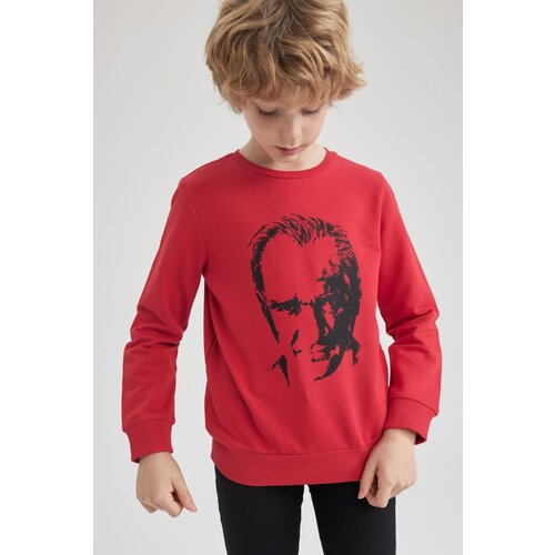 Defacto Boy's Atatürk Printed Crew Neck Red Sweatshirt Slike