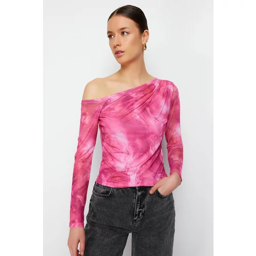 Trendyol Pink*001 Patterned Tulle Lined Asymmetric Collar Knitted Blouse