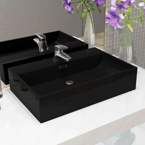 VidaXL Umivaonik s otvorom za slavinu keramički crni 60,5 x 42,5 x 14,5 cm Slike
